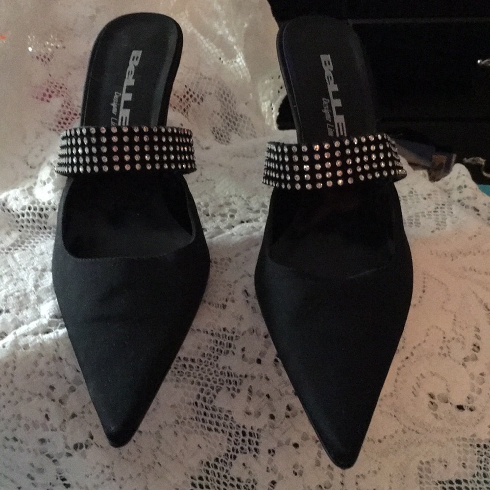 Black point toe rhinestone high heel slide on shoe
